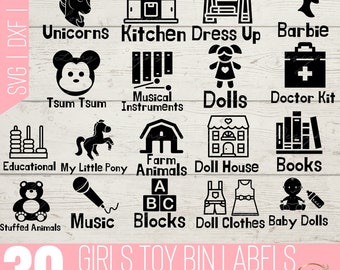 Girls Toy Bin Labels Svg | Playroom Labels SVG | Toy Labels with Pictures | Toy Storage Labels SVG