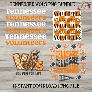 May include: A digital PNG bundle featuring Tennessee Volunteers graphics. Designs include stacked text, footballs, bows, and a "VS" graphic with a leopard print heart. The text includes "Tennessee," "Volunteers," and "Vol Fan For Life."