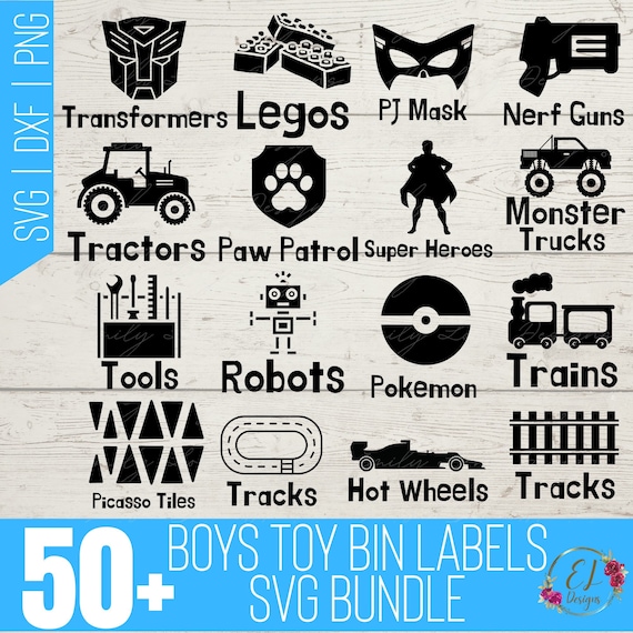 Boys Toy Bin Labels SVG | Playroom Labels SVG | Toy Labels with Pictures for Boys | Toy Storage Labels SVG