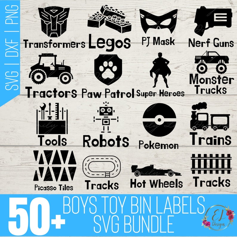 Puede incluir: Un conjunto de m&aacute;s de 50 archivos SVG en blanco y negro para etiquetas de contenedores de juguetes. Las etiquetas presentan temas de juguetes populares para ni&ntilde;os, que incluyen Transformers, Legos, PJ Masks, Nerf Guns, Monster Trucks, Tractores, Patrulla Canina, Superh&eacute;roes, Herramientas, Robots, Pokemon, Trenes, Azulejos Picasso, Pistas y Hot Wheels.
