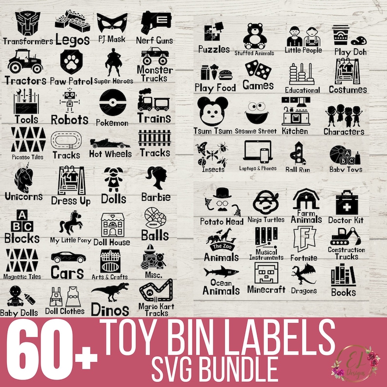 May include: Black and white SVG cut files for toy bin labels.  The labels include names for popular toys such as Transformers, Legos, Paw Patrol, Monster Trucks, Hot Wheels, Barbie, My Little Pony, and more.