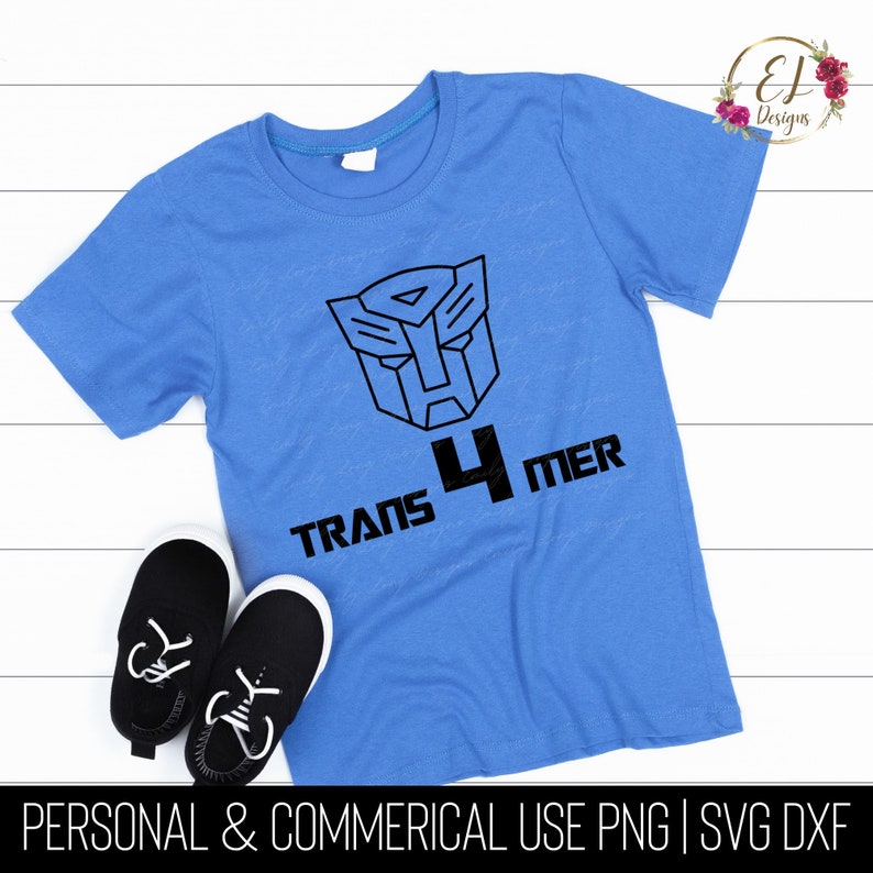 May include: Blue t-shirt with a black Transformers logo and the text "TRANS 4 MER".