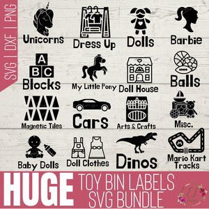 May include: A set of 14 black and white SVG cut files for toy bin labels. The labels include categories such as unicorns, dress up, dolls, barbie, blocks, my little pony, doll house, balls, magnetic tiles, cars, arts & crafts, misc., baby dolls, doll clothes, dinos, and mario kart tracks.