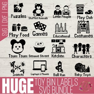 May include: A set of 12 black and white SVG cut files for toy bin labels. The labels include images and text for various toy categories, such as puzzles, stuffed animals, play food, games, educational toys, costumes, Tsum Tsum, Sesame Street, kitchen, characters, insects, laptops & phones, ball run, and baby toys.