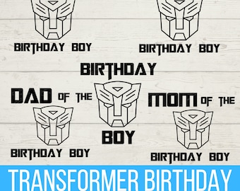 May include: A set of 6 black and white SVG files featuring a robot head with the text "Sister of the Birthday Boy", "Brother of the Birthday Boy", "Dad of the Birthday Boy", "Mom of the Birthday Boy", "Birthday" and "Boy".