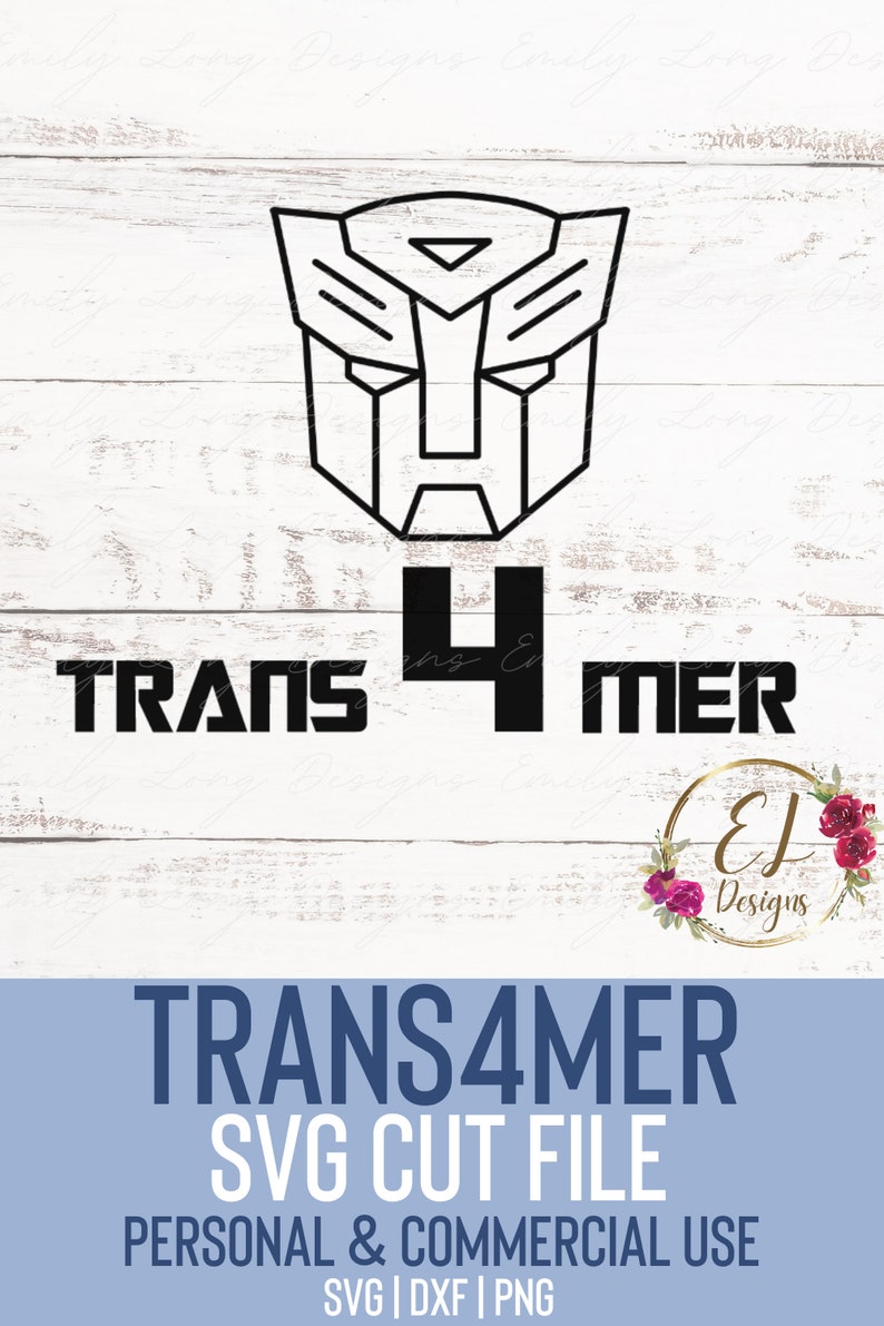 May include: Black and white digital illustration of the Transformers logo with the text "TRANS 4 MER" below it. The image is on a white woodgrain background.