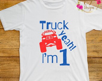 May include: White t-shirt with a red monster truck graphic and blue text that says "Truck Yeah! I'm 1".