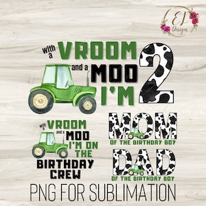 Pacote de família PNG de aniversário de Barnyard | Com Vroom e Moo tenho 2 PNG | 2º aniversário dos meninos | Trator Verde Png | Moo, tenho dois | Fazenda Png