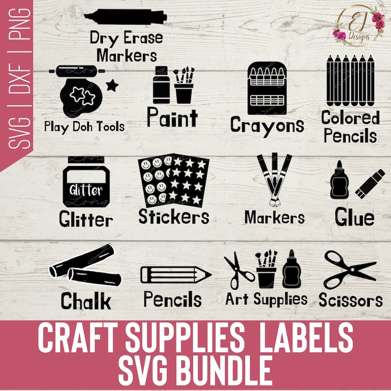 May include: Black and white SVG cut files for craft supply labels. The labels include: Dry Erase Markers, Play Doh Tools, Paint, Crayons, Colored Pencils, Glitter, Stickers, Markers, Glue, Chalk, Pencils, Art Supplies, and Scissors.