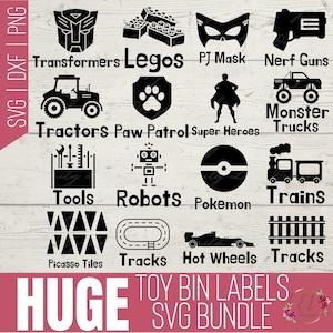 May include: A set of 12 black and white SVG cut files for toy bin labels. The labels feature various popular toy themes, including Transformers, Legos, PJ Masks, Nerf Guns, Tractors, Paw Patrol, Super Heroes, Monster Trucks, Tools, Robots, Pokemon, Trains, Picasso Tiles, Tracks, and Hot Wheels.