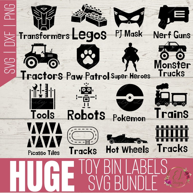 May include: A set of 12 black and white SVG cut files for toy bin labels. The labels feature various popular toy themes, including Transformers, Legos, PJ Masks, Nerf Guns, Tractors, Paw Patrol, Super Heroes, Monster Trucks, Tools, Robots, Pokemon, Trains, Picasso Tiles, Tracks, and Hot Wheels.