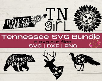 May include: A digital download bundle of six Tennessee-themed SVG cut files. The designs include a sunflower with the state of Tennessee inside, a Tennessee outline with the words "Tennessee Volunteer", a deer with the state of Tennessee inside, a turkey with the state of Tennessee inside, a bear with the words "Tennessee Mama", and the words "TN girl".