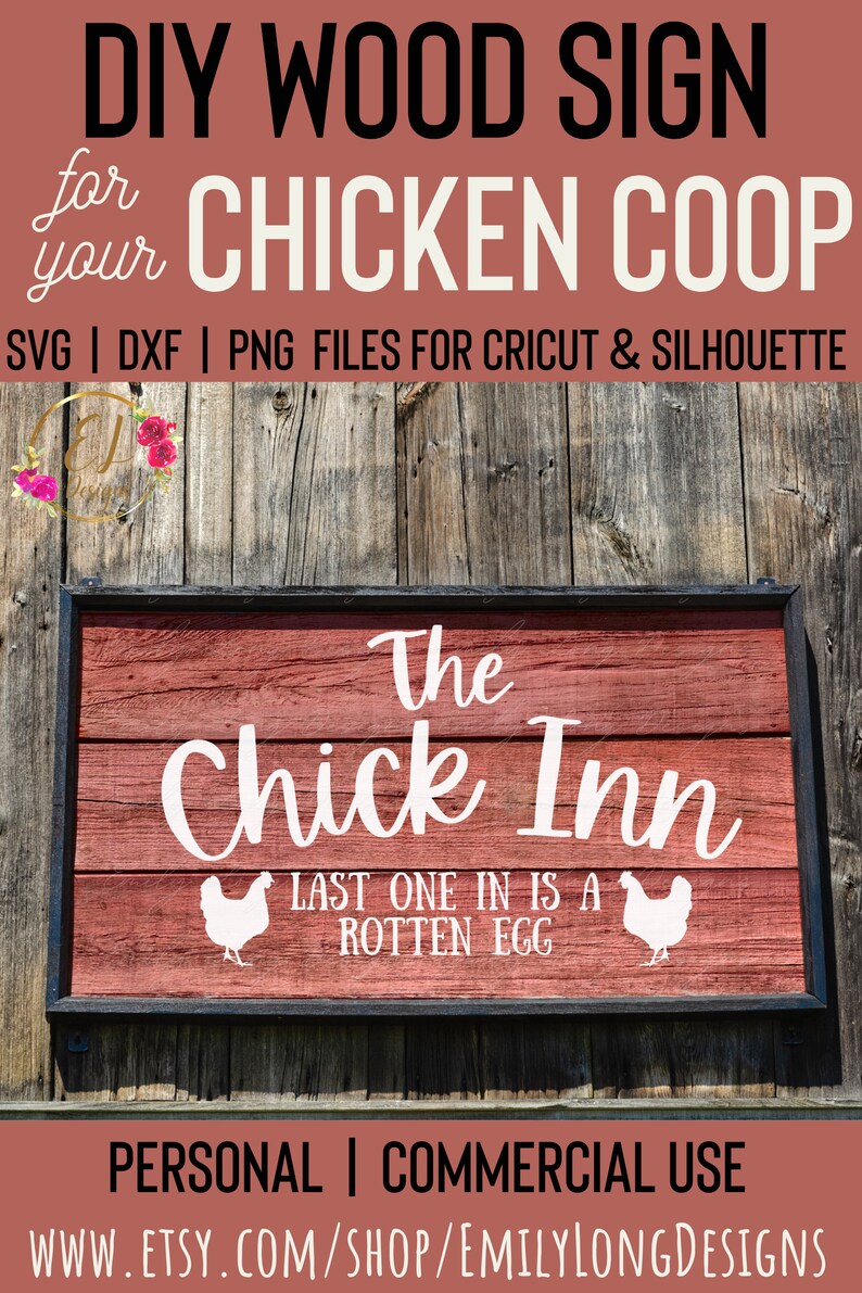 以下が含まれることがあります： 「The Chick Inn」と書かれた黒縁の赤い木製の看板。テキストの両側に白い鶏のシルエットがあります。テキストの下には「Last one in is a rotten egg」と書いてあります。