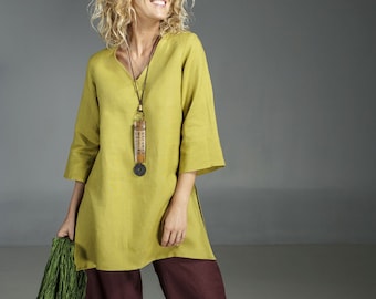 Women's linen tunic, women's boho tunic, 3/4 sleeve boho top, green linen boho shirt, women's shirts, women's linen top, green top, chic