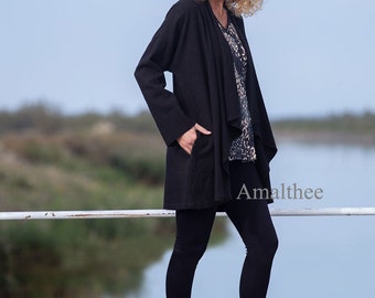 Veste  Lise noire ample en lin et laine femme, manteau lin laine mi long hiver, vêtement fait main femme,