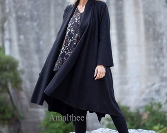 Manteau en lin et laine femme, manteau chic noir hiver, veste bohème hiver femme, manteau laine femme, manteau long noir boho, cadeau femme