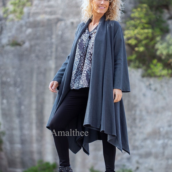 Manteau en lin laine femme, manteau bohème noir, vêtement hiver femme, manteau col châle en laine longue, manteau noir femme, anniversaire