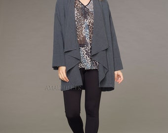 Jacket Lise anthracite ample linen and wool woman, coat linen wool mid long winter, handmade clothing woman,