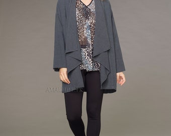 Veste Lise anthracite ample en lin et laine femme, manteau lin laine mi long hiver, vêtement fait main femme,