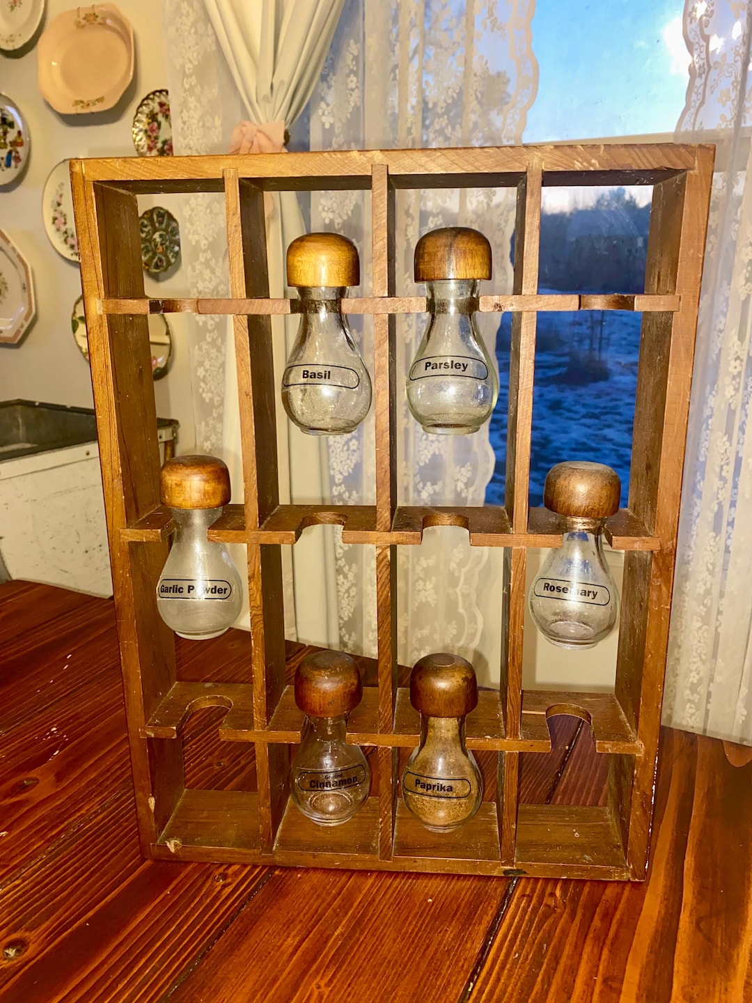 Vintage MCM Wood Spice Rack Hanging 6 Tear Drop Mushroom Glass Jar