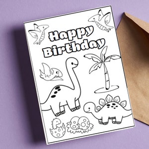 DRUCKBARE Happy Birthday Ausmalkarte, Dinosaurier Geburtstagskarte, Geburtstagskarte für Kinder, Geburtstagskarte zum selber ausmalen, DIY Druck & Farbe