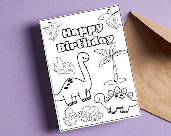 PRINTABLE Happy Birthday Coloring Card, Dinosaur Birthday Card, Birthday Card for Kids, Birthday Color Your Own Card, DIY Print & Color