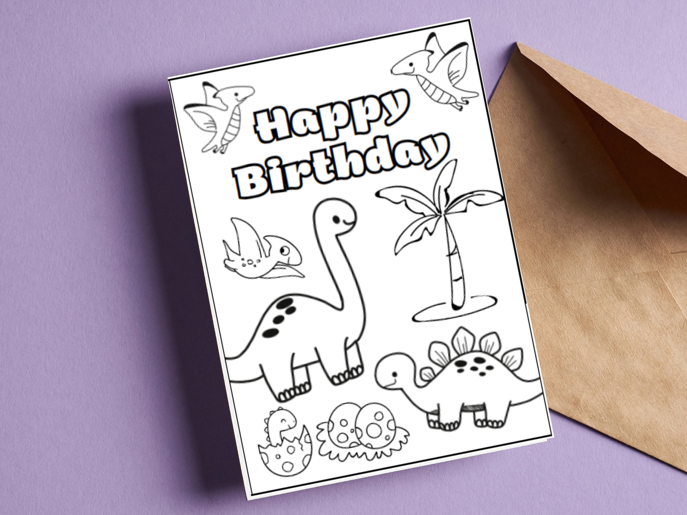 PRINTABLE Happy Birthday Coloring Card, Dinosaur Birthday Card ...