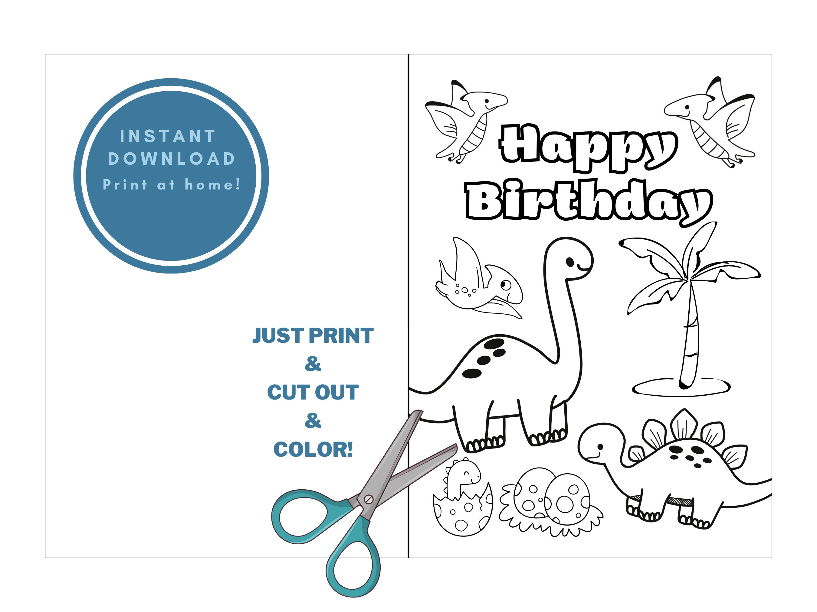 PRINTABLE Happy Birthday Coloring Card, Dinosaur Birthday Card ...