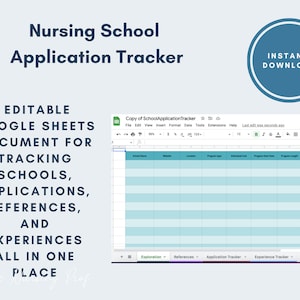 Puede incluir: Documento editable de Google Sheets para hacer un seguimiento de las solicitudes, las referencias y las experiencias de las escuelas de enfermería. El documento incluye pestañas para exploración, referencias, seguimiento de solicitudes y seguimiento de experiencias. El documento está disponible para descarga instantánea.
