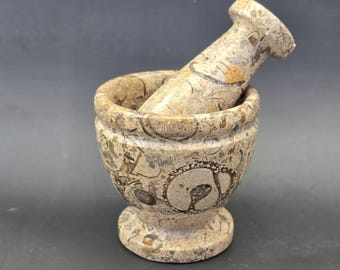 Turritella Agate Fossil Mortar and Pestle | Natural Stone Herb Grinder, Altar Tool