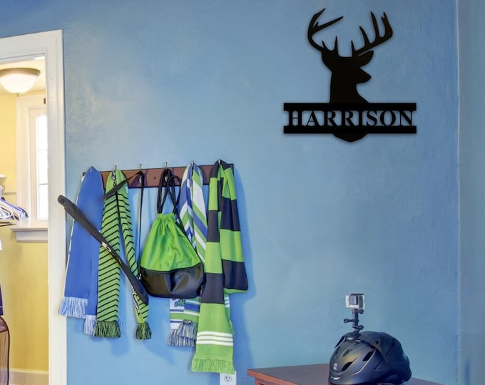 Personalized Deer, Metal Cabin Sign, Outdoor Hunter, Hunting, Head Antlers, Customized Family Name, Door Hanger, Custom Last Name, Monogram
