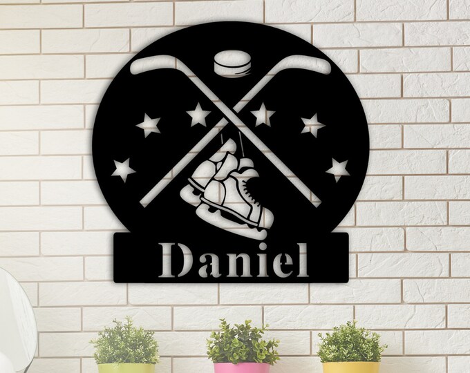Custom Name Sign, Personalized Hockey Name Sign, Personalized Metal Name Sign, Hockey Wall Hanger, Nursery Decor, Sports Home Decor, Gift