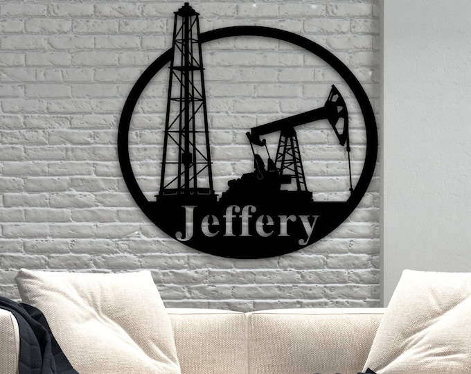 Personalized Metal Name Sign, Custom Oil Field Sign, Oil Rig Welcome Sign, Rustic Metal Wall Art, Split Monogram Metal Sign, Driller Gift