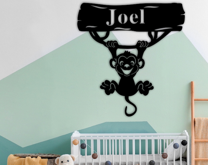 Monkey Nursery Name Sign, Custom Nursery Sign, Kids Name Sign, Monkey Wall Art, Monkey Sign, Kids Bedroom Door Hanger, Boy Bedroom Name Sign