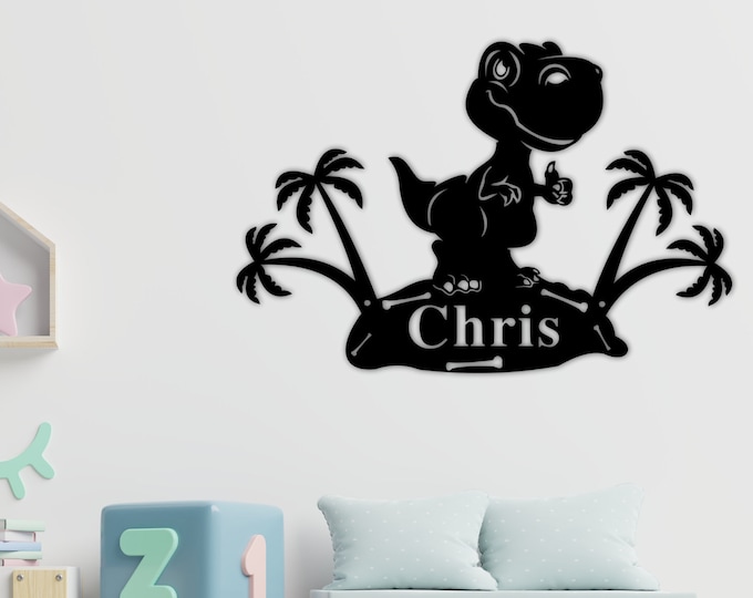 Dino Nursery Name Sign, Custom Nursery Sign, Kids Name Sign, Dinosaur Wall Art, T-Rex Sign, Kids Bedroom Door Hanger, Boy Bedroom Name Sign