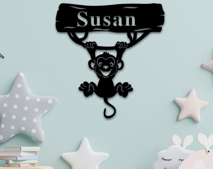Monkey Name Sign, Nursery Decor, Personalized Metal Sign, Mtal Name, Personalized Name Sign, Metal Name Sign, Little Monkey Kid Gift Ideas