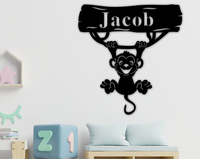 Name Sign, Monkey Kids Room Sign, Monkey Room Gift Decor, Personalized Metal Sign, Metal Name Monkey Boys, Kids Name Sign Gift Birthday Idea
