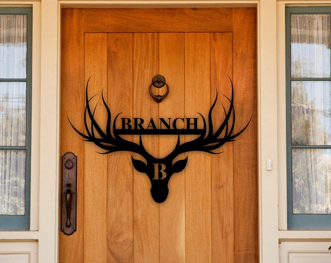 Deer Last Name Sign, Metal Deer Sign, Antler Wall Sign, Hunting Present, Man Gift, Deer Family Name Sign, Hunter Valentines Gift, Camp Sign