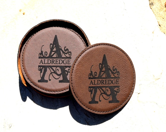 Monogrammed Coaster Set, Personalized Coasters With Monogram Initial and Name, Set of 6 Vegan Leather Coasters,  Custom Wedding Coasters