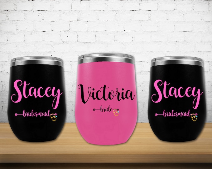 Stemless Wine Glasses, Insulated Wine Glass, Engraved Wine Glass, Wedding, Bride, Maid of Honor, Bridesmaid Gift Wine Tumbler With Straw