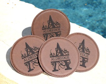 Personalized Coasters, Square 6 Coaster Set with Holder, Leather Coaster Set, Housewarming Gift, Monogram Coasters, Custom Coasters, Wedding