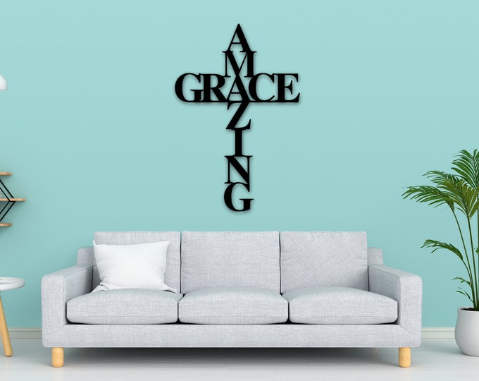 Amazing Grace Metal Sign, Cross, Religious Decor, God Bless, Spiritual Decor, Religious Wall Art, Amazing Grace Cross Metal Sign Wall Hanger