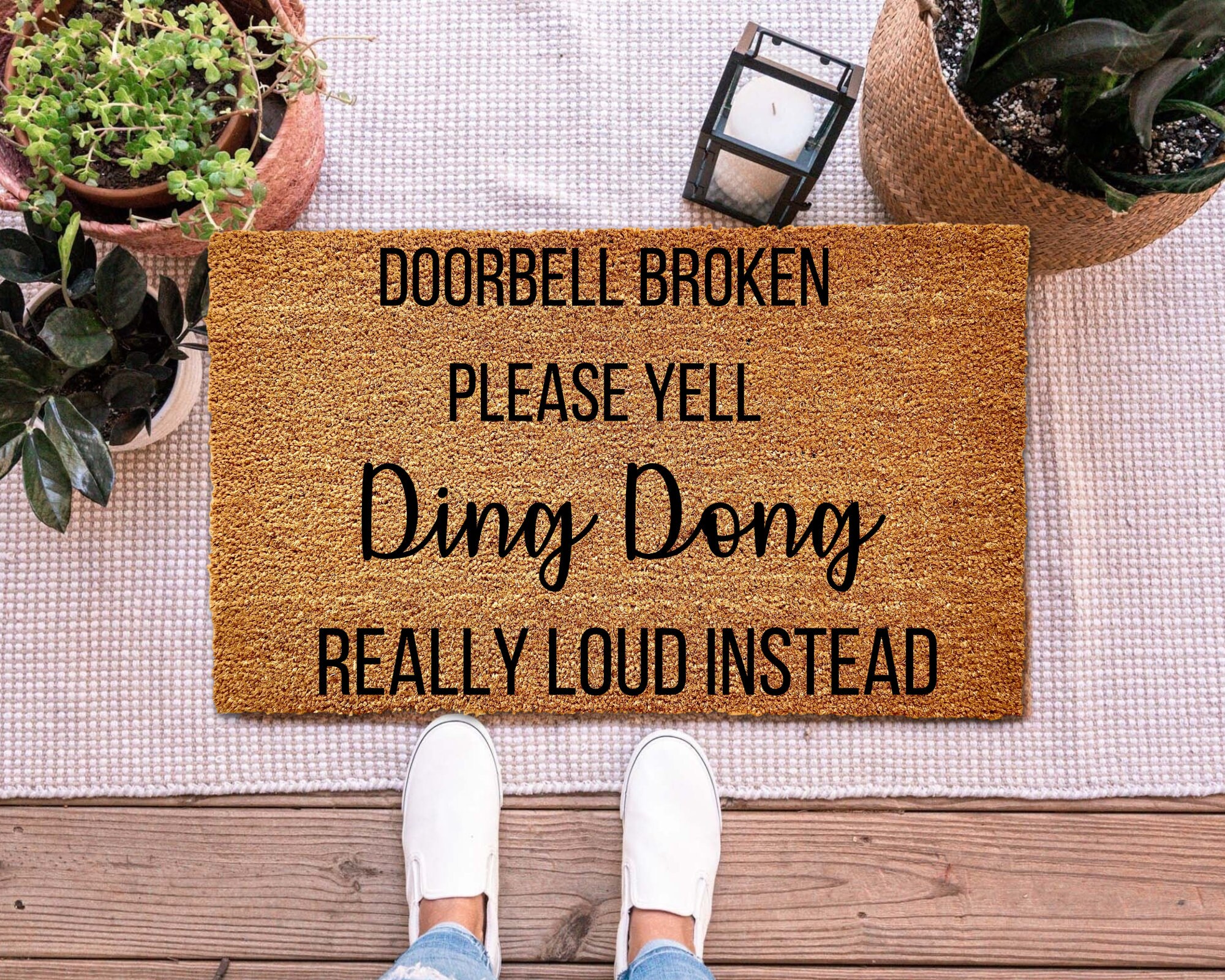 No Doorbell Yell "DING DONG" Really Loud, Funny Welcome Mat ,  Brown Coir Doormat | Printed in the U.S.A., Non-Slip Backing