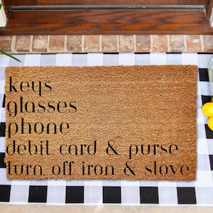 Llaves Gafas Teléfono Tarjeta de débito Monedero Estufa de hierro, Decoración de la alfombra de la puerta principal, Alfombra de bienvenida, Porche delantero, Regalo para ella, Regalo divertido, Regalo divertido para la esposa