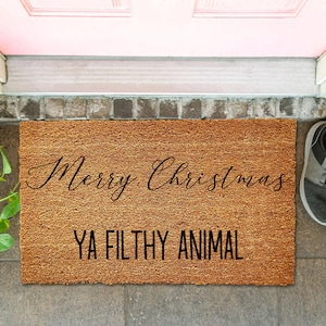Merry Christmas Ya Filthy Animal Doormat, Holiday Front Door Mat, Flocked Coir Welcome Mat, Outdoor Entryway, Christmas Gift Decor Reindeer