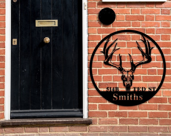 Deer Address Sign, Metal Deer Sign, Antler Wall Sign, Hunting Present, Man Gift, Deer Family Address Sign, Hunter Valentines Gift, Camp Sign