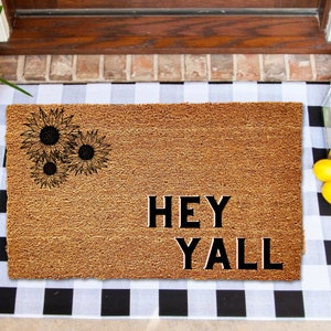 Hey Y&#39;all Doormat, Texas Country Welcome Mat, Flocked Coir Outdoor Welcome Mat, Boho Themed Doormat, Western Themed Decor, Sunflower Doormat