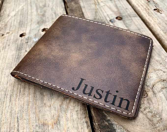 Personalized Bi-Fold Men's Slim Wallet, Mens Laser Engraved Wallet, Groomsmen Gift, Monogram Wallet, Gift for Men, Custom Wallet, Unique