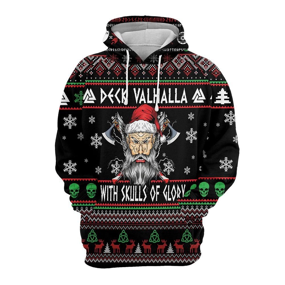 Discover Deck Valhalla Viking Christmas Pattern Black Unisex 3D Print All Over Christmas Hoodie