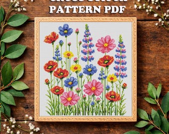Wildflower Meadow Watercolor Cross Stitch Pattern: Floral Embroidery (PDF Pattern)